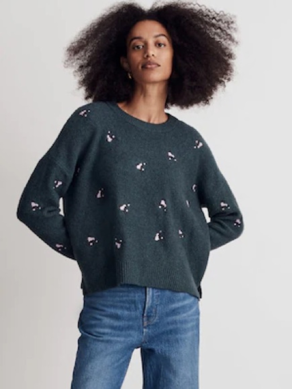 Madewell Embroidered Cross Stitch Floral Sweater Green